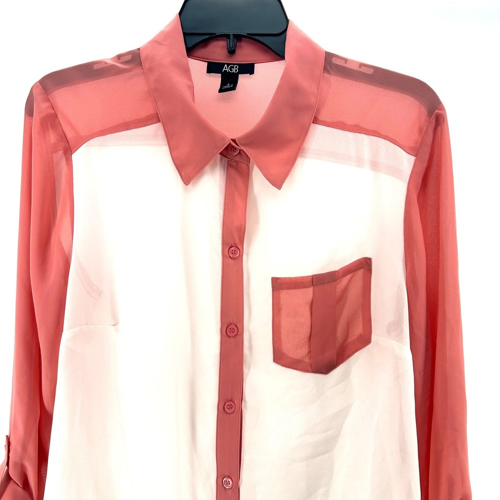 AGB Womens Large Sheer Colorblock Button Down Blouse Coral Peach Suit Separate